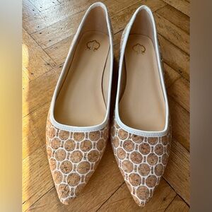 C Wonder Lilly Cork Print Pointed Toe Flats Gold Heel Accent Size 7.5